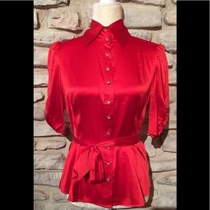 Gorgeous Red Silk Bebe Blouse with Crystal buttons